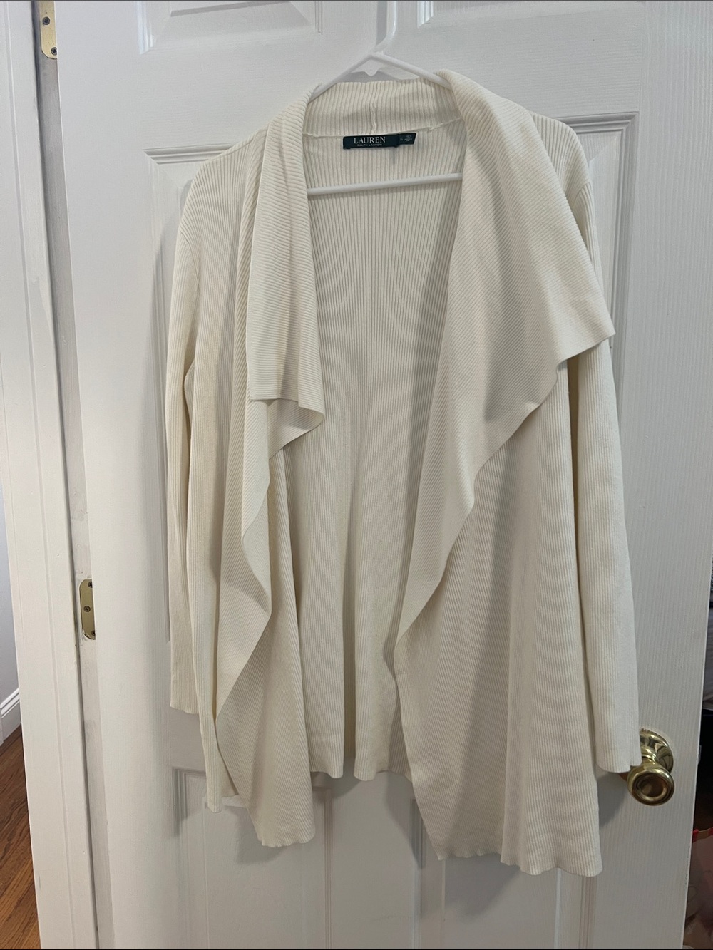 Ralph Lauren Cream Ribbed Draped Open-Front Cardigan